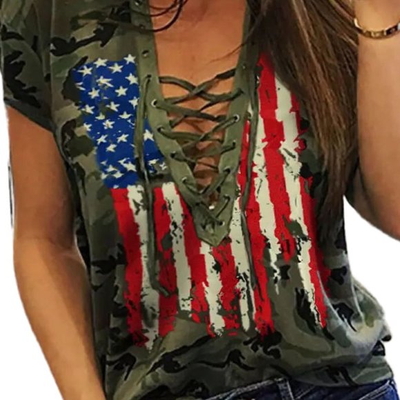 New Womens Green Camo American Flag Print Lace Up T-shirt Small - Picture 2 of 3